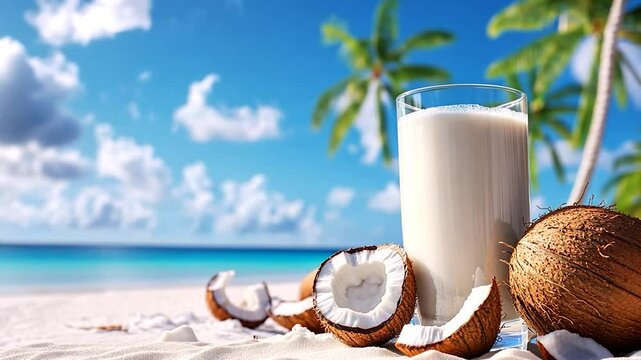 Tropical coconut drink on white sandy beach with palm trees and blue sky fresh coconuts and frothy beverage by the ocean island escape refreshment