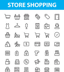 Store and Shopping Line Icons – Cart, Bag, Shopfront, Tag, Sale, Barcode, Credit Card, Delivery Box, delivery truck, package box, Designed in a thin-line style perfect for ecommerce websites. 