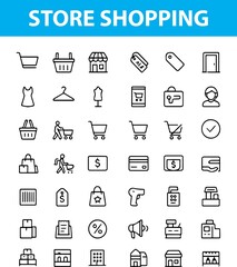 Store and Shopping Line Icons – Cart, Bag, Shopfront, Tag, Sale, Barcode, Credit Card, Delivery Box, delivery truck, package box, Designed in a thin-line style perfect for ecommerce websites. 
