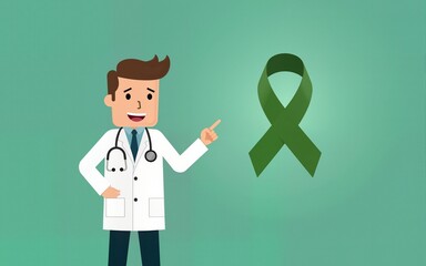 Doctor pointing at green color ribbon symbol for Liver Cancer, Kidney Cancer, Hepatitis B disease, Cerebral Palsy, Glaucoma awareness, Spinal cord injury concept, panorama, free space. High quality