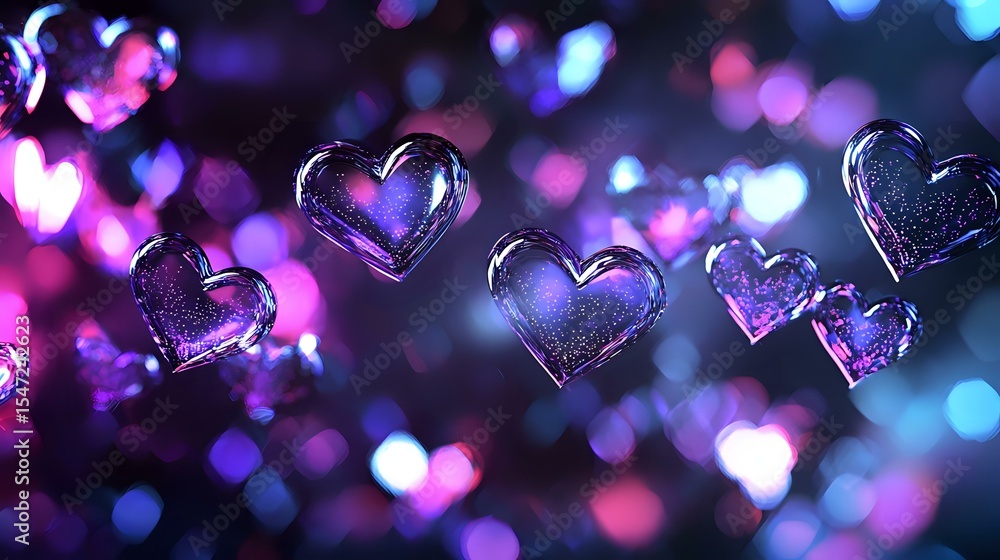 Poster glowing purple and blue heart shapes floating on dark background with bokeh lights creating romantic