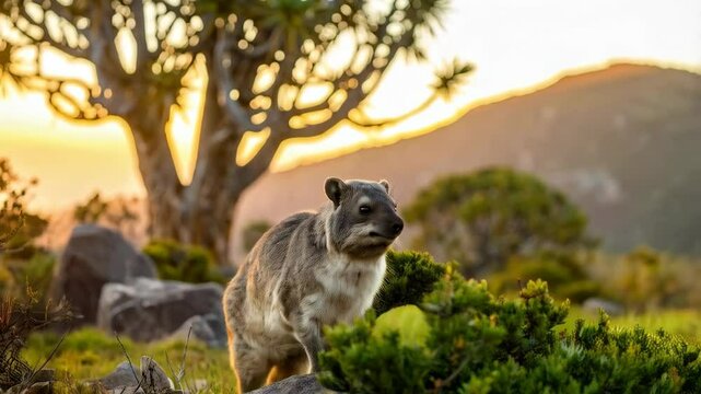 Rock hyrax stands on rock outcrop with flowering tree in background at dusk. Wild rodent in natural environment with evening light on mountain.