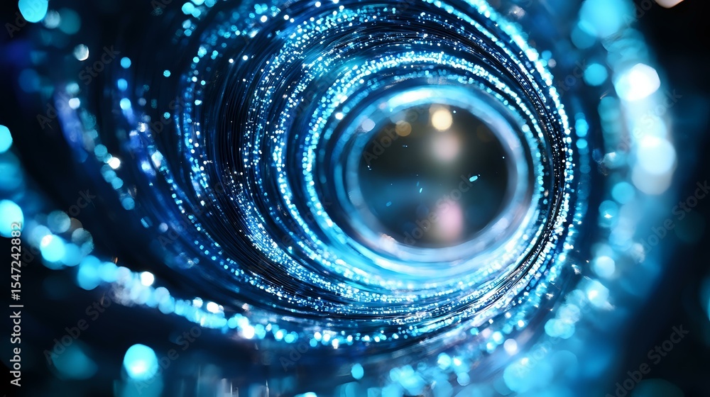 Poster glowing blue spiral tunnel with bokeh light effects and particles creating futuristic space-time por