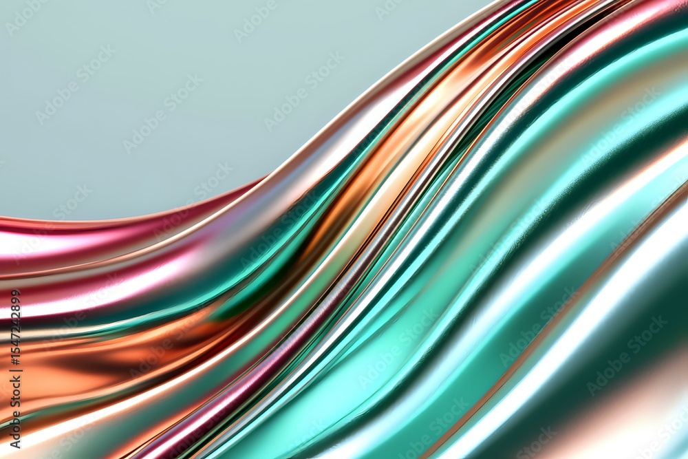 Poster flowing metallic waves in turquoise, copper and pink create dynamic abstract background with glossy,