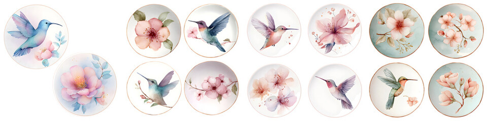 Obraz premium Watercolor Hummingbird and Flower Designs: Elegant Circular Art