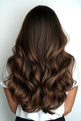 Obraz premium Back view of long wavy brunette hair with subtle caramel balayage highlights styled in loose curls showing professional salon result against white background.