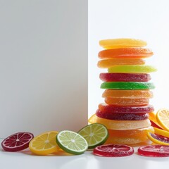 Colorful fruit-flavored gummies stacked high, tempting sweet treats.