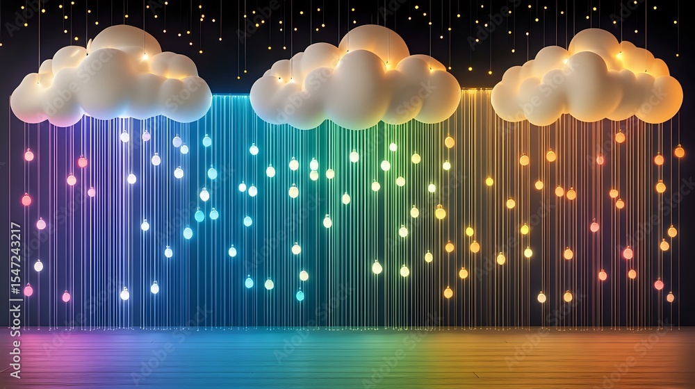Poster glowing clouds with colorful light strings creating magical rainbow rain effect against dark backgro