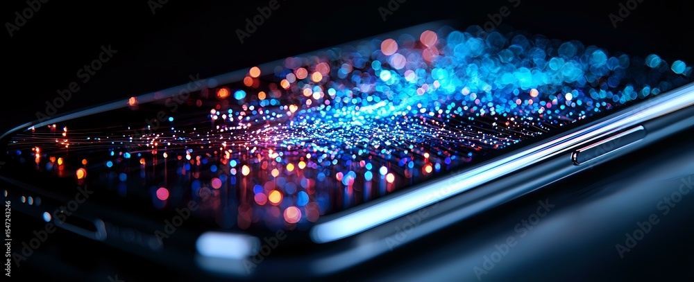 Poster modern smartphone screen with glowing blue and pink bokeh light effects floating above display surfa