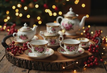 Fototapeta premium Holiday tea set arranged on a wooden tray with fairy lights and festive decor