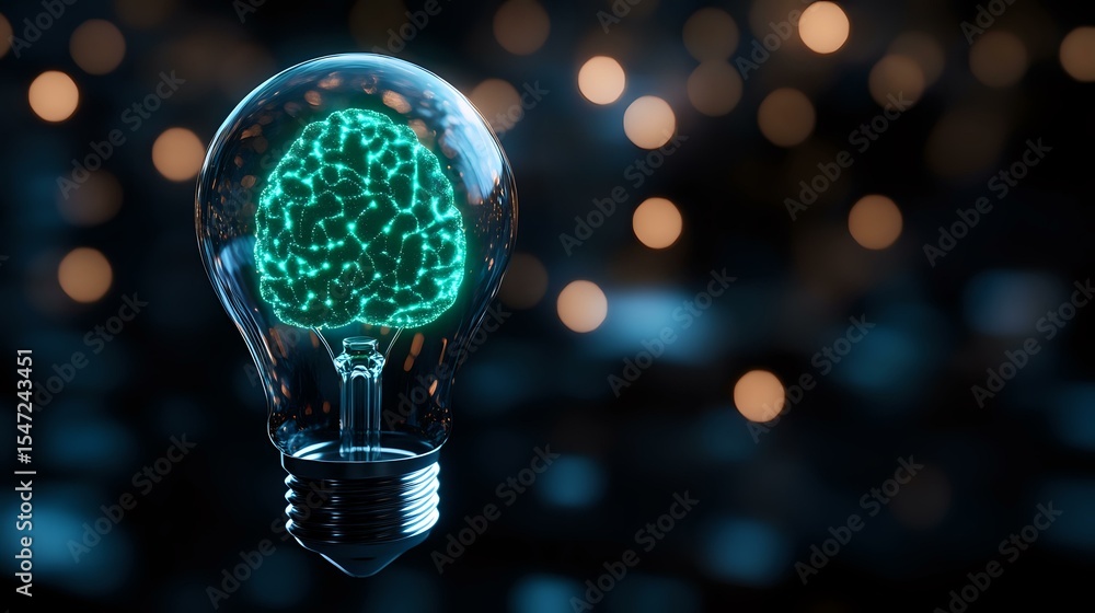 Poster glowing digital brain inside light bulb on dark background with bokeh lights, representing artificia