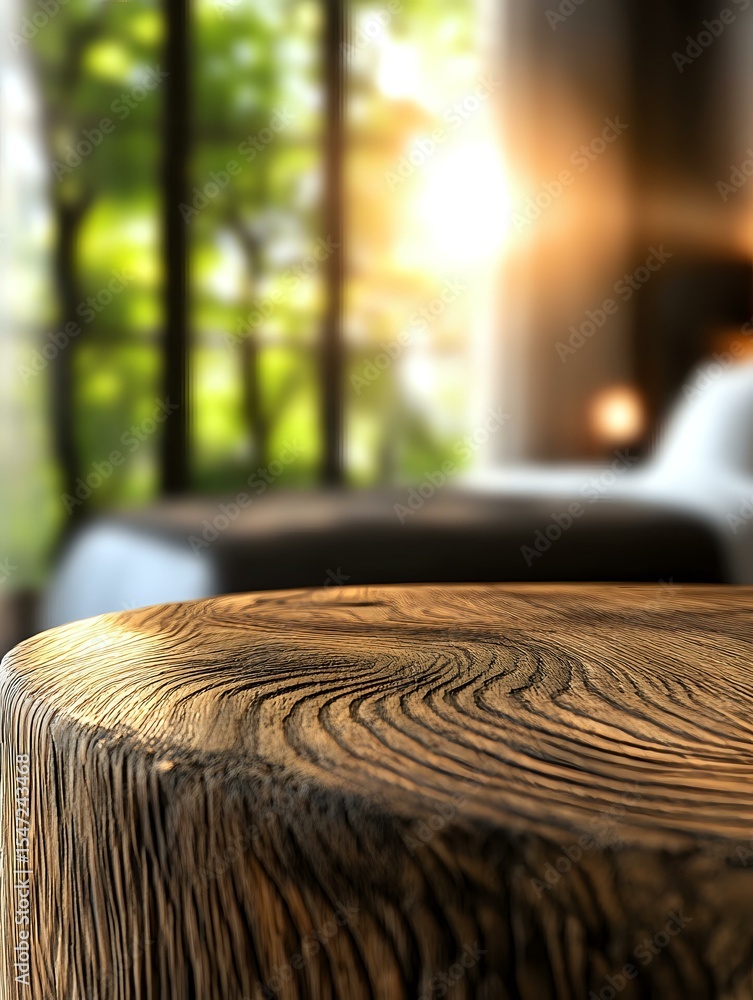 Poster natural wood texture close-up showing detailed grain pattern on rustic table surface with soft blurr