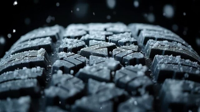 A detailed close-up of a winter tire covered in snowflakes on a black background, emphasizing the tread pattern and texture for winter driving safety 