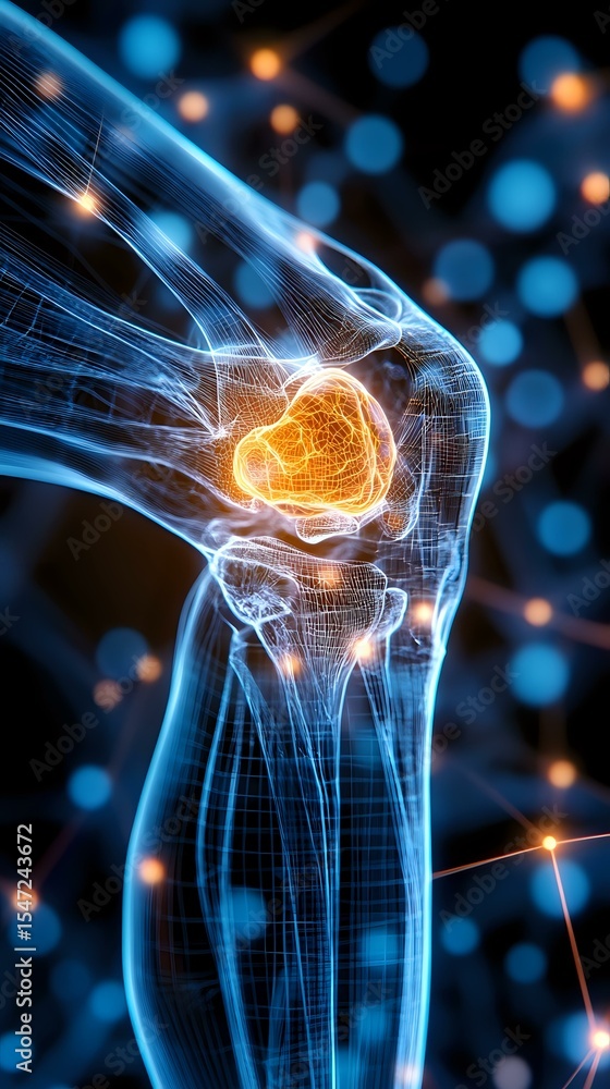 Aufkleber glowing knee joint visualization with highlighted pain area in orange against blue wireframe anatomy