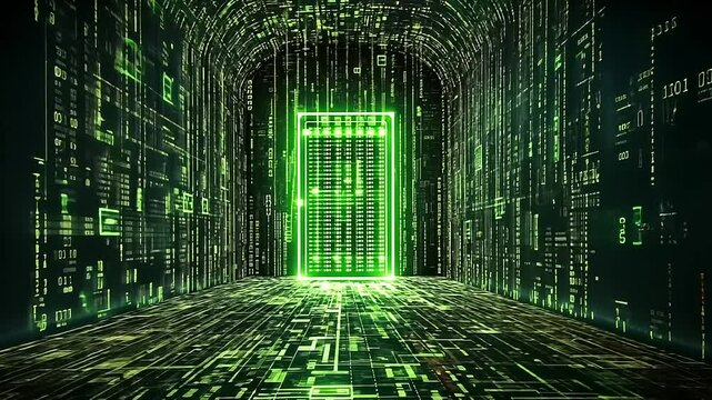 Futuristic digital corridor with glowing green door surrounded by cascading binary code in a virtual space