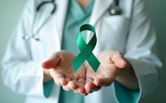 Jade green or Emerald color ribbon awareness in doctor's hand for Liver Cancer and Hepatitis B disease, healthcare medical concept. High quality