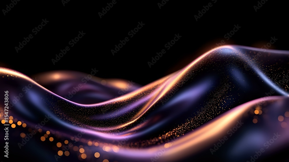 Poster glowing abstract waves with golden and purple light trails flowing on black background, sparkling pa