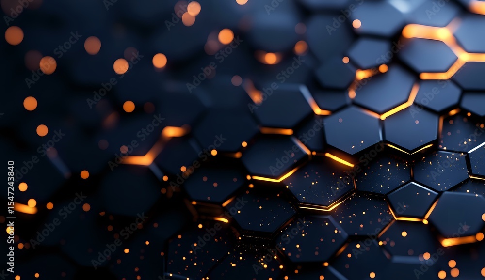 Poster abstract hexagonal structure with glowing orange edges against dark background, futuristic technolog