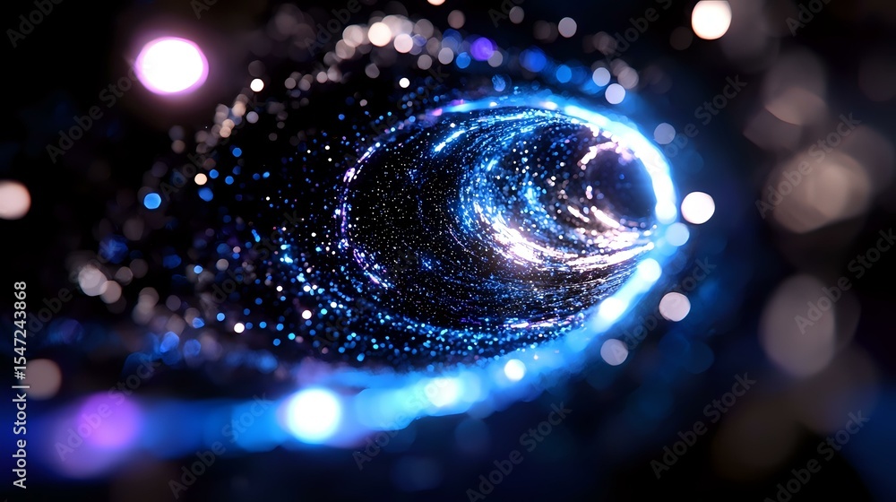 Poster glowing spiral vortex with blue light particles and bokeh effects on dark background creates cosmic 