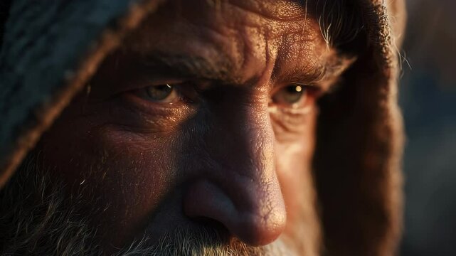 Intense close-up of Moses, with a weathered face and piercing eyes, captured in a dramatic, cinematic style with subtle camera movements enhancing emotional depth.