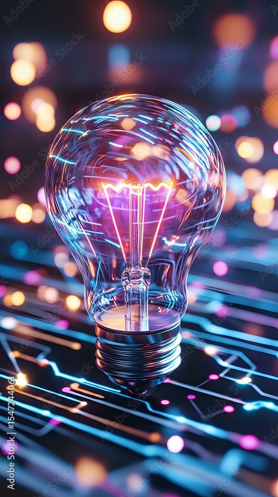 Poster glowing light bulb on circuit board background with neon blue and pink illumination, bokeh effects c