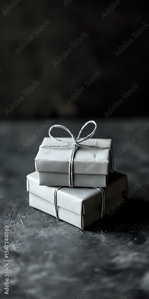 Poster minimalist stacked gift boxes wrapped in gray paper with simple twine bows on dark textured backgrou