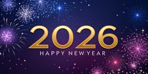 Naklejka premium 2026 Happy New Year Gold Numerals and Fireworks, New Year's Eve Celebration, Festive Design, Purple Background New Year, 2026