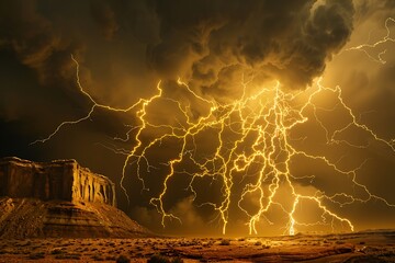 A dramatic lightning storm over a desert landscape with a mesa silhouetted against the sky at night
