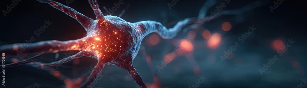 Poster dopamine imbalance with low brain activity pattern concept. detailed illustration of a neuron showca