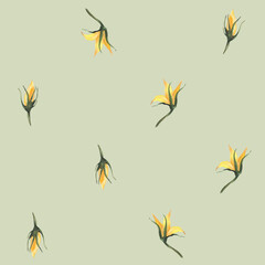 Yellow flowers and buds of tomato plant seamless pattern. Watercolor floral design. Realistic hand drawn illustration for fabric, summer textile print, packaging. Isolated from pastel green background