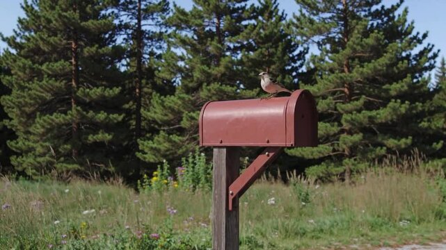 Lonely red mailbox standing in a forest clearing surrounded by tall pines and overgrown grass, symbolizing isolation, rural communication, mystery, and waiting in a forgotten place