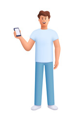 Young smiling man James holding and showing smartphone display. Mobile apps, communication, social media, digital lifestyle concept. 3d vector people character. Cartoon minimal style.