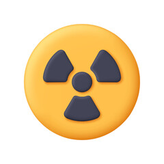 Black radioactive hazard symbol in black on a yellow round button. Danger, nuclear energy, radiation, or environmental warnings concept. 3d vector icon. Cartoon minimal style.