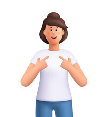 Young smiling woman Jane pointing at herself with both hands. Suggesting pride, confidence and achievement concept. 3d vector people character. Cartoon minimal style.