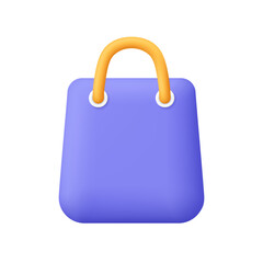 Purple shopping bag with yellow handles. Shopping, e-commerce and retail concept. 3d vector icon. Cartoon minimal style.
