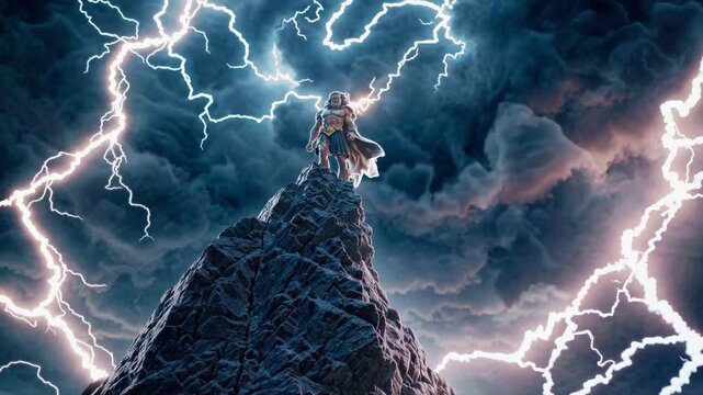 Epic depiction of Zeus standing atop a stormy mountain, summoning massive bolts of lightning from dark turbulent skies, symbolizing ancient divine wrath, power, and mythological dominance