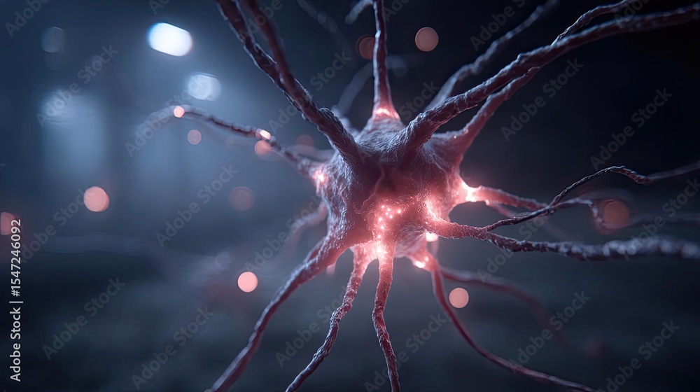 Poster dopamine imbalance with low brain activity pattern concept. a detailed depiction of a neuron with gl