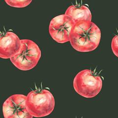 Watercolor red tomatoes realistic seamless pattern Vegetables hand painted illustration. Whole fruit with green stalk for fabric, wallpaper, ketchup juice package. Clipart on Isolated dark background