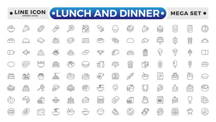 Lunch and Dinner Outline icon collection. Meal icon set. Containing food, lunch, eat, dinner, pasta, rice, pizza, salad, soup, breakfast and more. Editable stroke outline icon.
