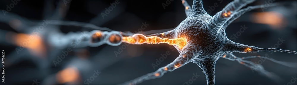 Poster dopamine imbalance with low brain activity pattern concept. a close-up view of a neuron with glowing