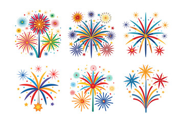 Colorful fireworks illustrations displayed in a collection of six vector designs for various festive purposes