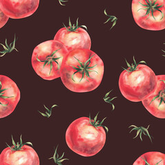Red Tomatoes plant crop with green stalk. Vegetables seamless pattern. Realistic watercolor painted illustration. Farming food clipart for fabric, packaging, table cloth on isolated dark background