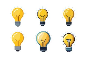 Illustration of six different stylized yellow light bulbs displaying bright and glowing characteristics