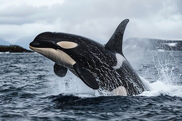 A killer whale leaping out of the water with splashes on a cloudy day near some rocky islands