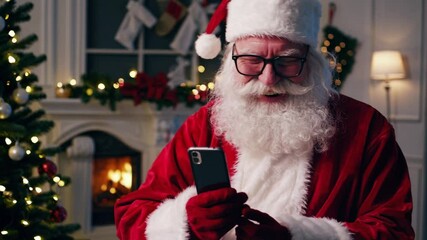 Modern Santa Claus with glasses using a smartphone in a warmly decorated holiday room, combining Christmas tradition with technology, communication, and festive charm - Powered by Adobe