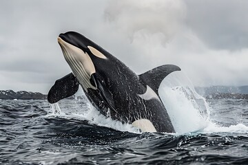 A killer whale breaching the surface of the ocean with cloudy skies and distant land in the background