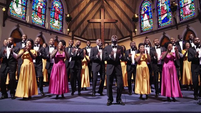 Powerful gospel choir led by conductor in colorful formal robes performing in a stained-glass lit church, symbolizing faith, inspiration, unity, and the power of music