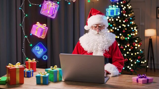 Santa Claus using laptop at festive holiday desk with floating present icons, symbolizing online Christmas shopping, virtual gift exchange, and seasonal ecommerce celebration in decorated home interio