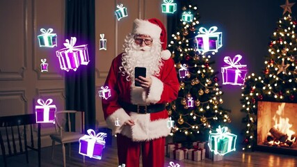 Santa Claus standing by Christmas tree using phone with floating neon gift icons, symbolizing online shopping, digital holiday orders, ecommerce, virtual Christmas presents, and modern festive season - Powered by Adobe