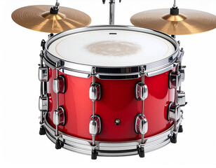 A vibrant snare drum and drumsticks are isolated on a white background, capturing the essence of percussion and musical rhythm